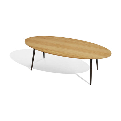 Vint Aluminium Oval Outdoor Coffee Table, 130 x 60cm, with a light wood-finish oval top on slim tapered dark metal legs, shown on a plain white background.