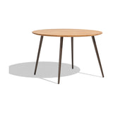 Vint Aluminium Round Outdoor Dining Table with a wood-finish round top and four slim tapered brown aluminium legs, shown on a plain white background.
