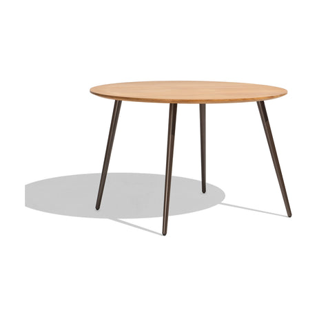 Vint Aluminium Round Outdoor Dining Table with a wood-finish round top and four slim tapered brown aluminium legs, shown on a plain white background.