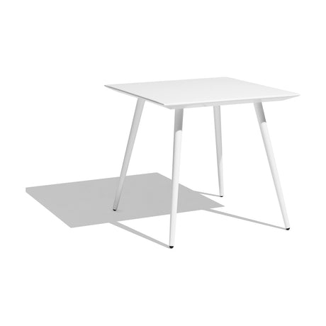 Vint Aluminium Square Outdoor Dining Table in white, 90 x 90cm with a white HPL top and tapered aluminium legs, shown on a plain white background.