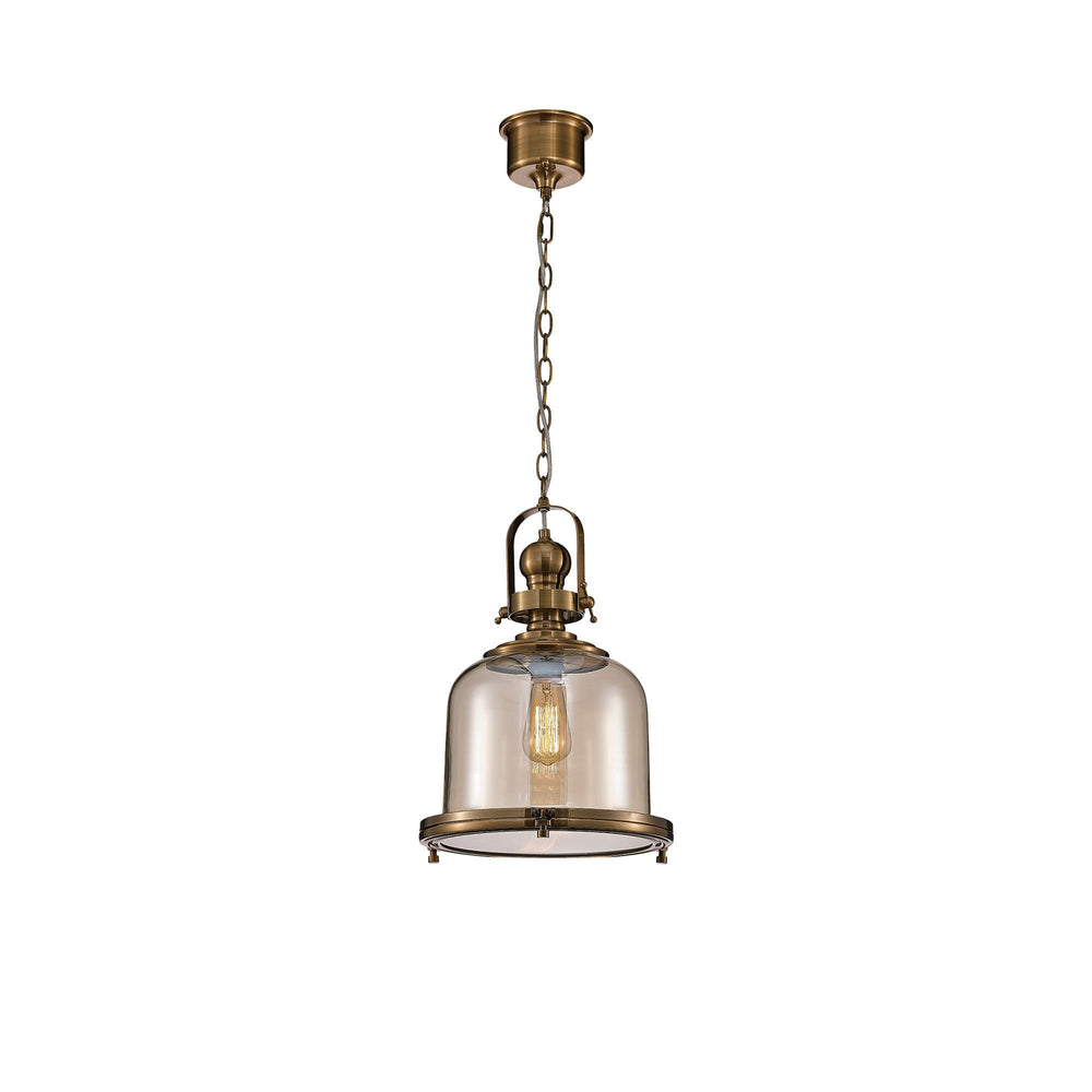 Vintage 33cm Bell pendant light with amber glass shade, antique brass lantern frame, chain suspension and canopy on white background.