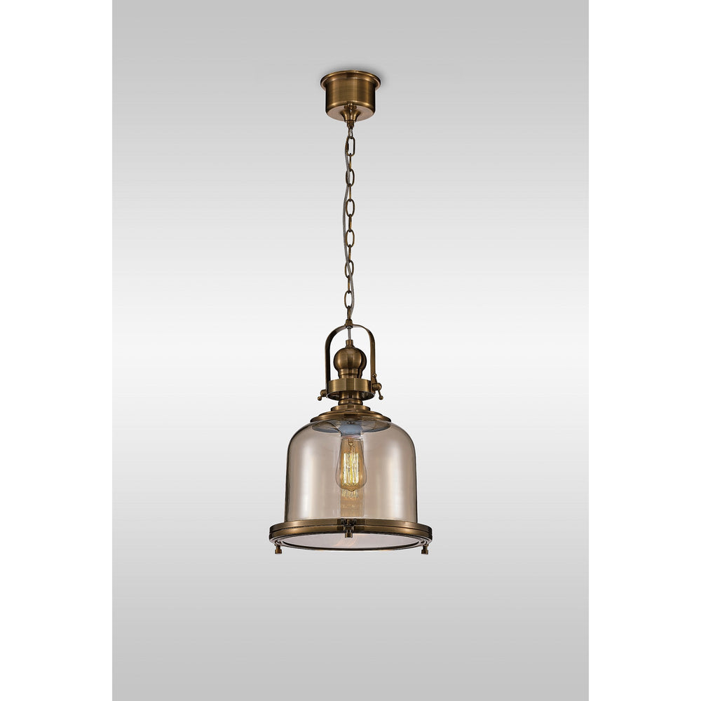 Vintage 33cm Bell pendant light with amber-tinted glass bell shade, antique brass frame, chain suspension and ceiling canopy, on a plain background.