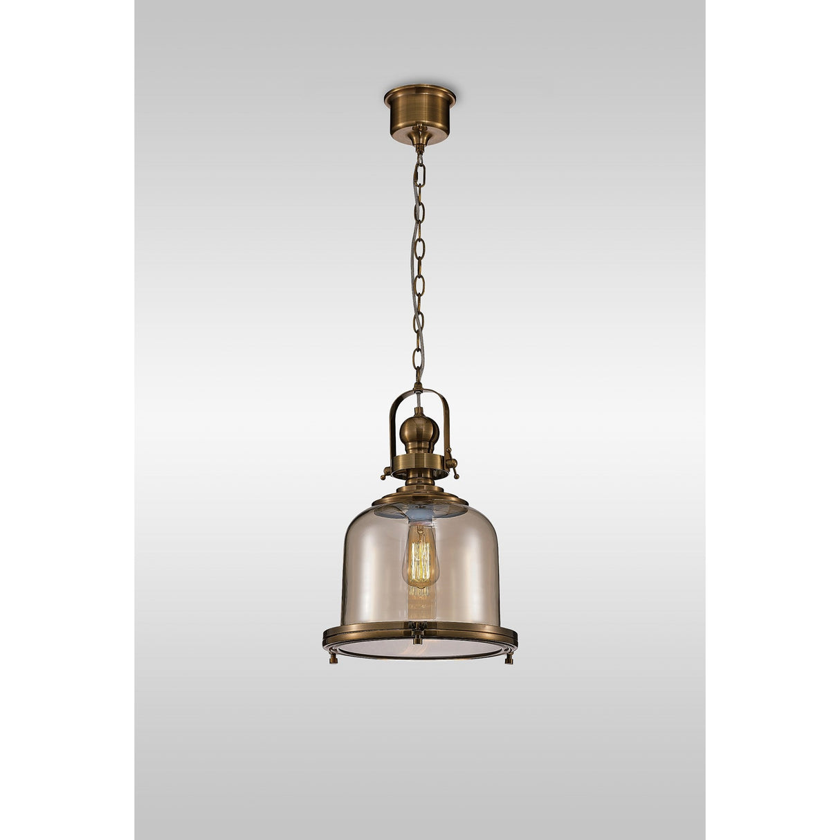 Vintage 33cm Bell 1 Light Glass Pendant Light - Antique Brass & Amber