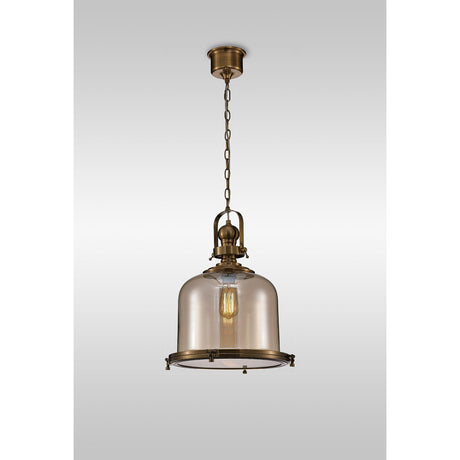 Vintage 38cm Bell 1 Light Glass Pendant Light - Antique Brass & Amber