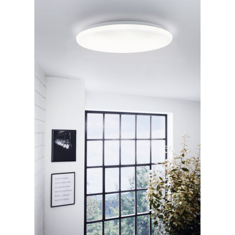 Vinvanne round LED flush ceiling light in white, 57cm domed plastic diffuser on a steel body, shown mounted on a hallway ceiling above a windowed living space.
