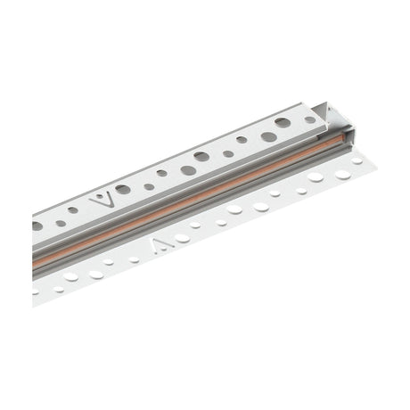 Viora 1m Recessed Magnetic Track in white, aluminium profile with perforated mounting edges and copper connector strip, shown at an angle on a white background.