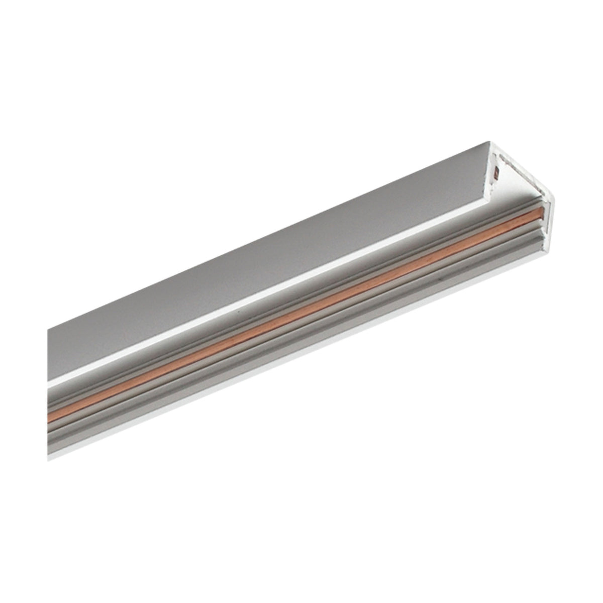Viora 1m surface magnetic track in white, a slim low-profile aluminium strip with visible copper conductor strips in its open channel, shown at an angle on a plain white background.