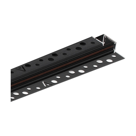 Viora 2m recessed magnetic track in black, showing the slim aluminium channel with internal contact strips and perforated plaster-in flanges on each side, on a white background.