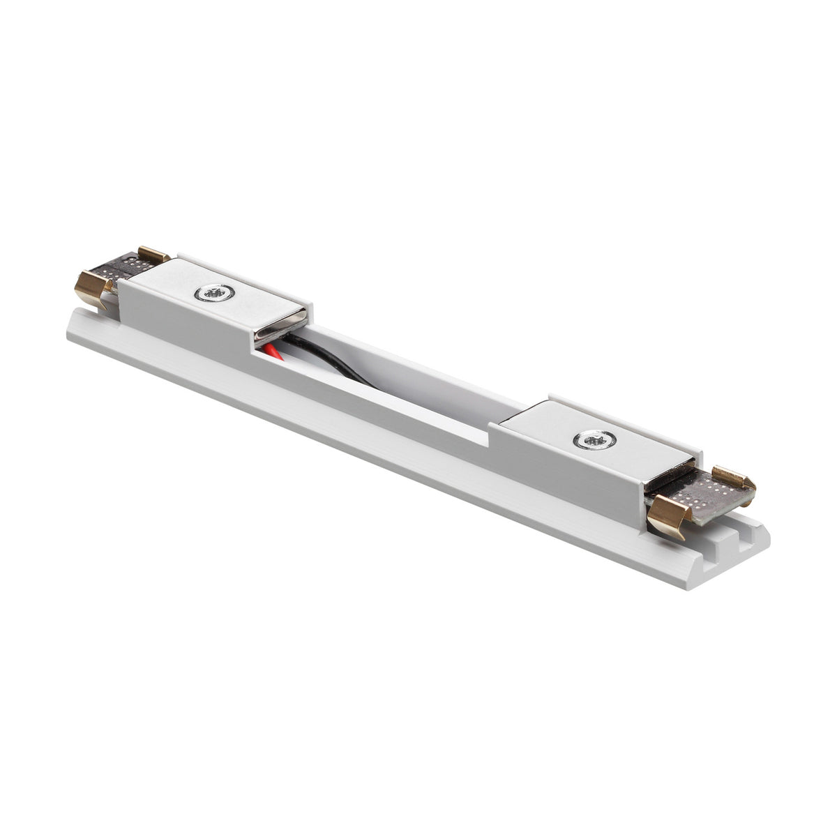 Viora Magnetic Track Linear Connector in white, showing two contact blocks with gold metal pins joined by a black and red wire inside a white channel, on a plain background.