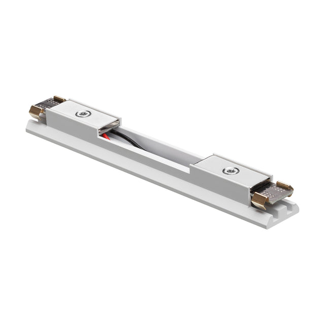 Viora Magnetic Track Linear Connector in white, showing two contact blocks with gold metal pins joined by a black and red wire inside a white channel, on a plain background.