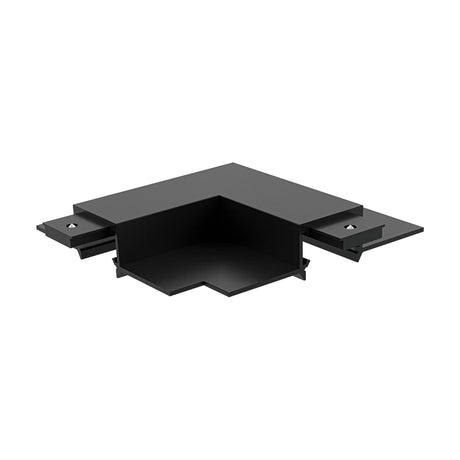 Viora recessed magnetic track L-connector in black, shown as a right-angled corner piece with open channel and end clips, on a plain white background.