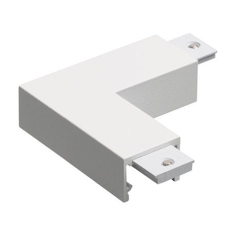 White L-shaped connector for the Viora surface magnetic track, with a right-angle joining tab at each end and visible fixing screws, shown on a plain background.