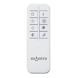Mantra Virgin white remote control with brightness, colour temperature and on/off buttons for the CCT dimmable LED flush ceiling light, on white.