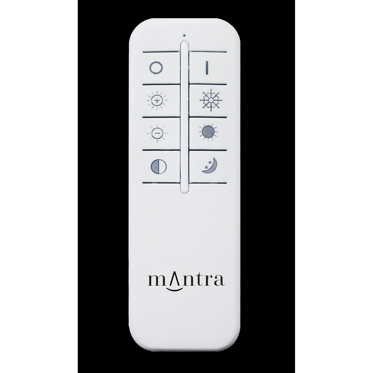 Mantra Virgin white remote control with brightness, colour temperature, and on/off buttons for the CCT dimmable LED flush ceiling light.