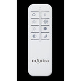 Mantra Virgin white remote control with brightness, colour temperature, and on/off buttons for the CCT dimmable LED flush ceiling light.