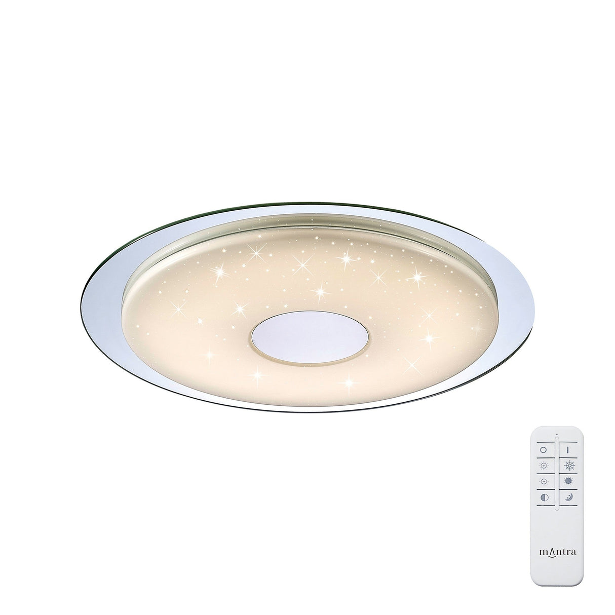 Mantra Virgin CCT dimmable LED flush ceiling light with frosted white acrylic diffuser, crystal-effect interior, silver and polished chrome trim, with remote.
