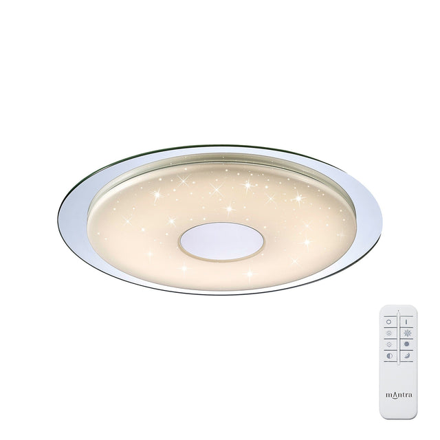 Mantra Virgin CCT dimmable LED flush ceiling light with frosted white acrylic diffuser, crystal-effect interior, silver and polished chrome trim, with remote.