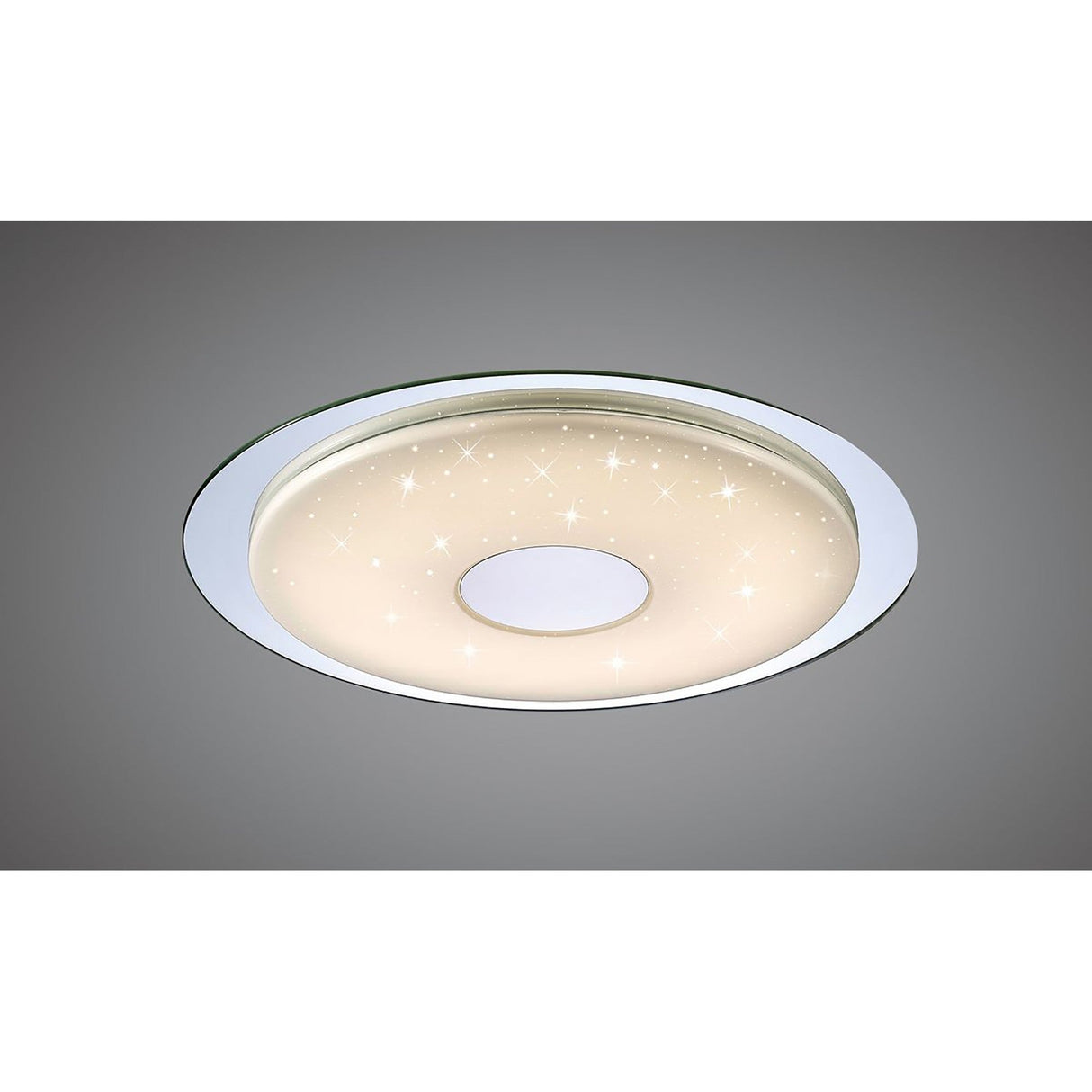 Mantra Virgin CCT dimmable LED flush ceiling light with silver outer ring, polished chrome centre, and crystal-effect frosted diffuser on a grey background.