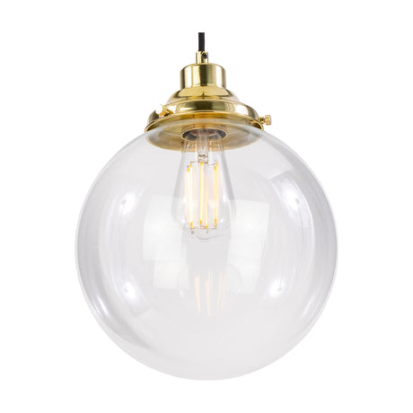 Virginia Glass Globe Pendant Light, 25cm clear glass sphere with visible filament bulb, held in a brass gallery with fixing screws, on a plain white background.