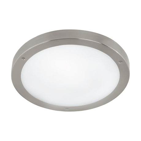Virnanne LED Outdoor Wall Light in brushed stainless steel, round shape with a white glass shade secured by three visible screws, shown on a plain white background.