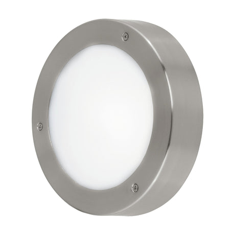 Virnanne LED Outdoor Wall Light in brushed stainless steel, round design with white plastic diffuser and visible mounting screws, shown on a plain white background.