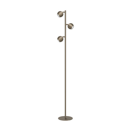 Visvette Floor Lamp in dark bronze steel, a slim pole with round flat base and three staggered GU10 globe spotlights, shown on a plain white background.