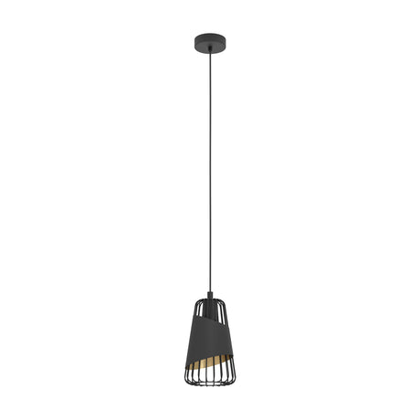 Black Vivessa fabric pendant light, 16.5cm, open wire cage wrapped in an angled fabric band with gold lining, long cord, round ceiling canopy.