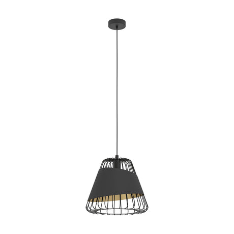 Vivessa 36cm black fabric pendant light with a tapered shade over an open steel wire cage and gold-lined underside, hung on a black cord against a plain white background.