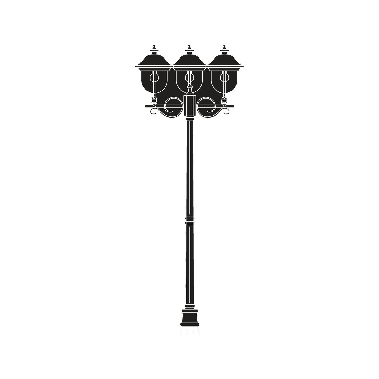Volute cast aluminium outdoor lamp post in black with a tall column and 3-light scrolled bracket top, dome lanterns, on a plain white background.