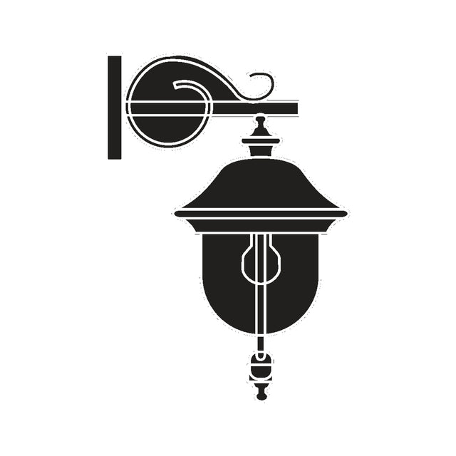 Volute Cast Aluminium Outdoor Hanging Wall Lantern in black, shown as a silhouette icon with scrolled wall bracket, domed lantern top and hanging finial, on a plain white background.