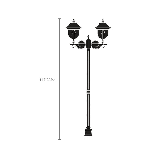 Volute Copper Top Outdoor Adjustable 2 Light Lamp Post, 145-229cm black cast column with scrolled brackets and twin lantern heads, shown on a plain white background.