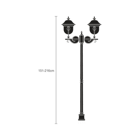 Volute outdoor lamp post in black with copper-top lantern shades, adjustable 151-216cm cast column with two scrolled brackets, shown against a plain white background.