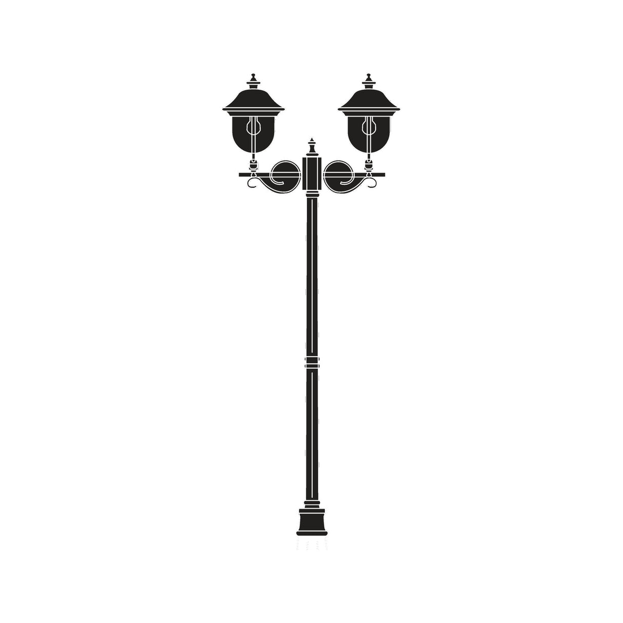 Volute Copper Top Outdoor Adjustable 2 Light Lamp Post in black, a tall column with scrolled brackets holding two lanterns, shown on a plain white background.