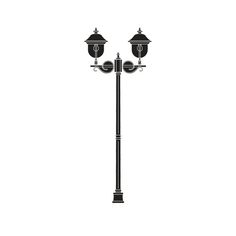 Volute Copper Top Outdoor Adjustable 2 Light Lamp Post in black, a tall column with scrolled brackets holding two lanterns, shown on a plain white background.