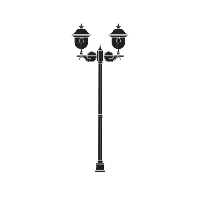 Volute Copper Top Outdoor Adjustable 2 Light Lamp Post in black, a tall column with scrolled brackets holding two lanterns, shown on a plain white background.