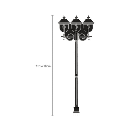 Volute outdoor lamp post in black with copper-top lanterns, adjustable 151-216cm cast column with 3 scrolled-bracket lights, shown as a black silhouette with height guide on a white background.