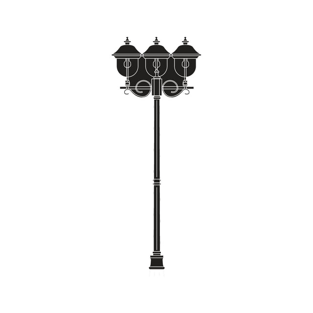 Volute Copper Top Outdoor Adjustable 3 Light Lamp Post in black, tall aluminium column with scrolled brackets and three domed lantern heads, shown on a plain white background.