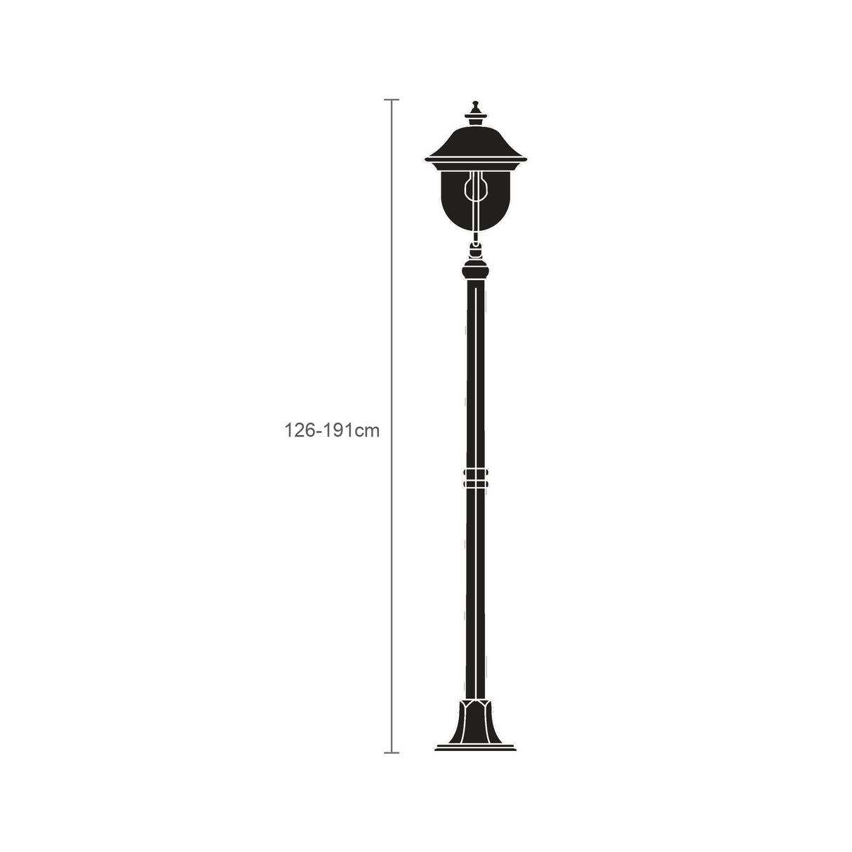 Volute outdoor lamp post, 126-191cm, single-light lantern with copper-topped roof on a traditional black cast column, shown as a line illustration with height marker on a white background.
