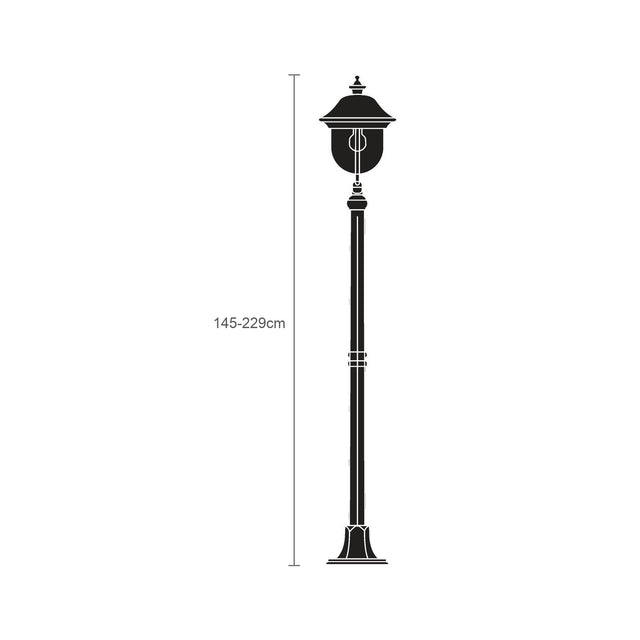 Volute Copper Top Outdoor Adjustable Lamp Post in black, a traditional single-lantern column light with scrolled bracket and finial, adjustable 145-229cm, shown on a plain white background.