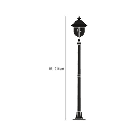 Volute Copper Top Outdoor Adjustable Lamp Post, 151-216cm black cast column with scrolled bracket and lantern head, shown on a plain white background with height guide.