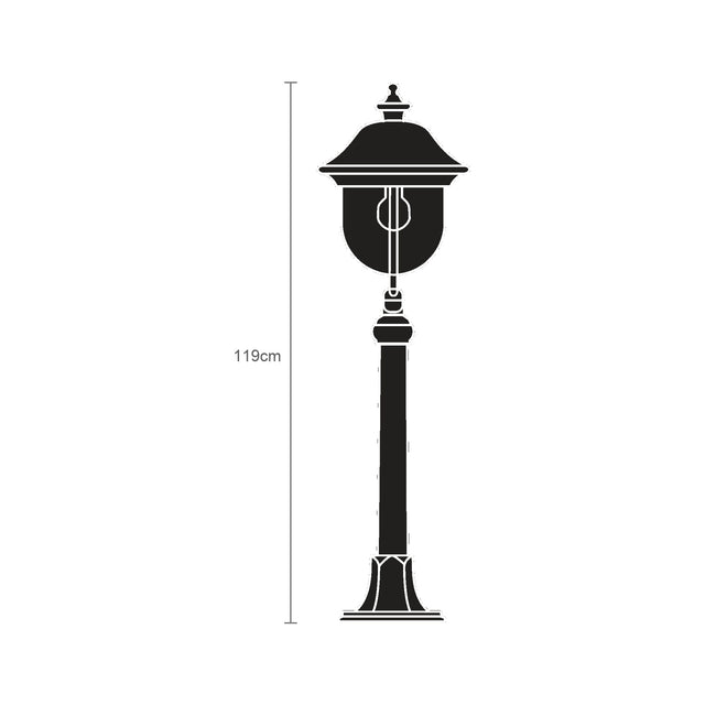 Volute Copper Top Outdoor Bollard Light, 119cm, black cast pedestal with lantern-style head, dimension line shown on plain white background.