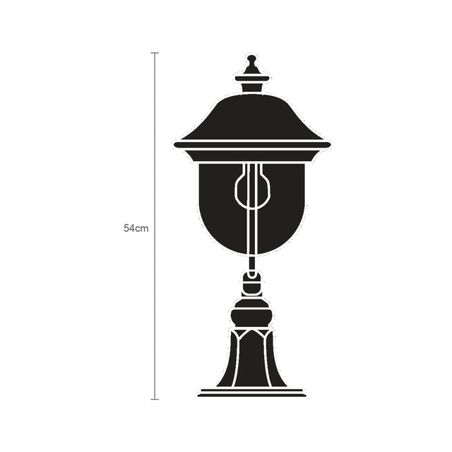 Volute Copper Top Outdoor Bollard Light, 54cm, black cast pedestal with lantern top and scrolled bracket detail, shown with size guide on a plain white background.