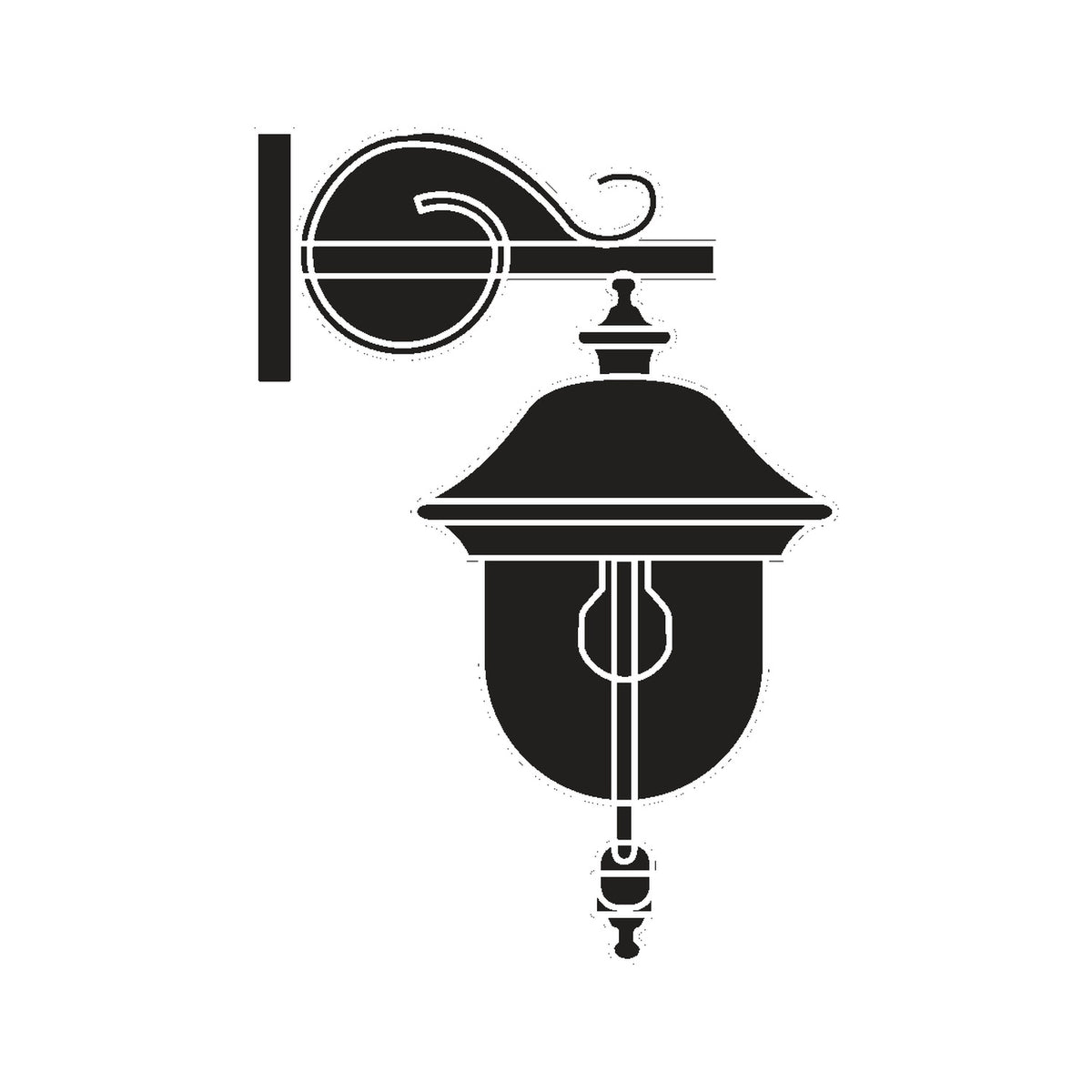 Volute Copper Top Outdoor Hanging Wall Lantern in black, a single-light lantern with domed roof and scrolled wall bracket, shown as a silhouette icon on a plain white background.