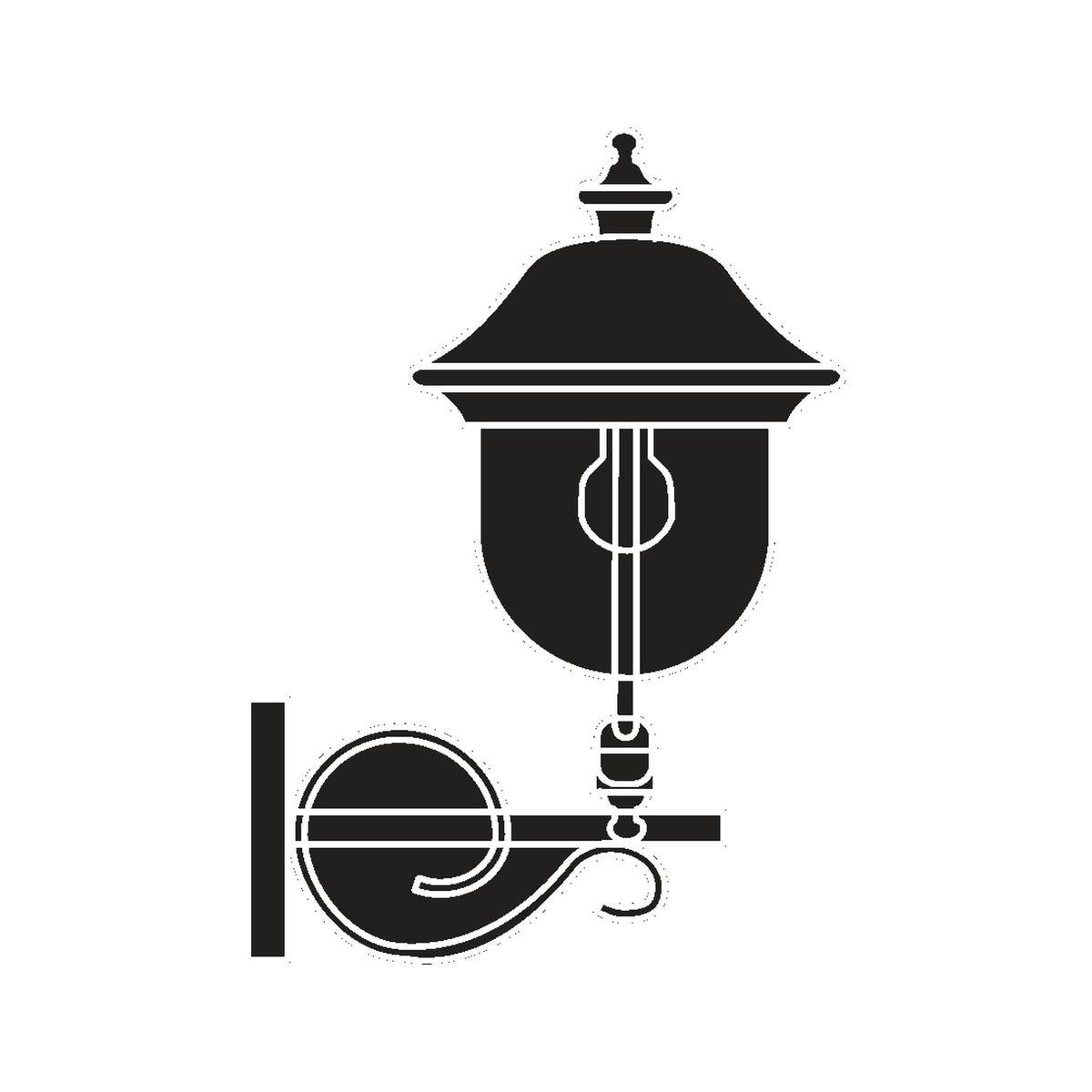 Volute copper-top outdoor wall lantern silhouette in black, single-light traditional design with scrolled cast bracket and finial-topped shade, shown on a plain white background.