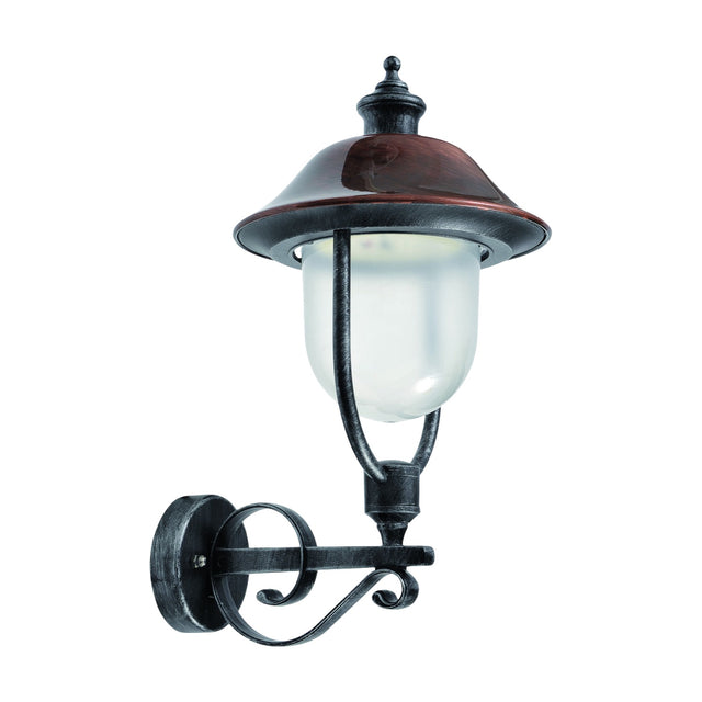 Volute Copper Top Outdoor Wall Lantern with black scrolled bracket, copper-toned dome roof, and frosted polycarbonate lens, shown on a plain white background.