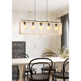 Vonelle Linear Pendant Light in black and natural wood, five E27 bulbs along a steel bar above an open rectangular wood frame, shown hanging over a dining table.