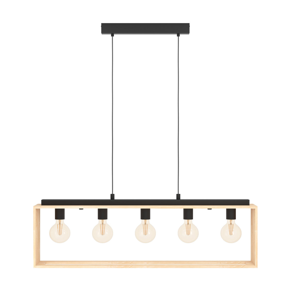 Vonelle linear pendant light with five E27 bulbs along a black steel bar above an open natural wood rectangular frame, on a plain white background.