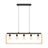 Vonelle linear pendant light with five E27 bulbs along a black steel bar above an open natural wood rectangular frame, on a plain white background.