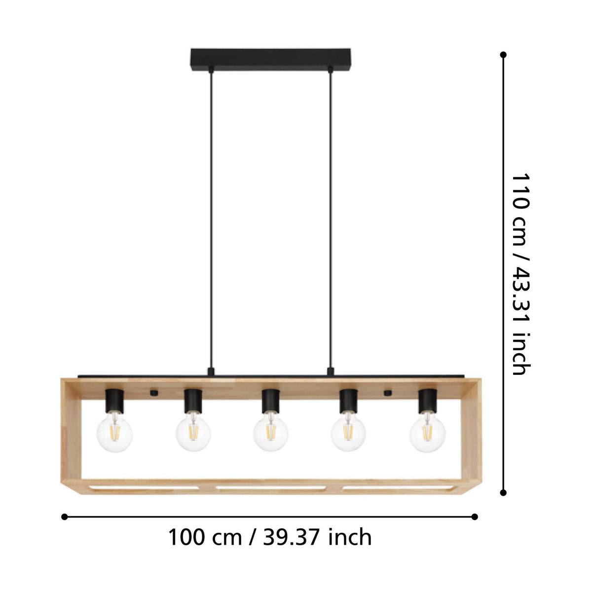 Vonelle linear pendant light with five black E27 holders and exposed bulbs in an open wood frame, hung from a slim black steel bar, 100cm long and 110cm high.