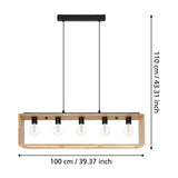 Vonelle linear pendant light with five black E27 holders and exposed bulbs in an open wood frame, hung from a slim black steel bar, 100cm long and 110cm high.